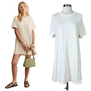 NEW Sezane | Selena Cream White Solid Organic Cotton Button Short Shift Dress S